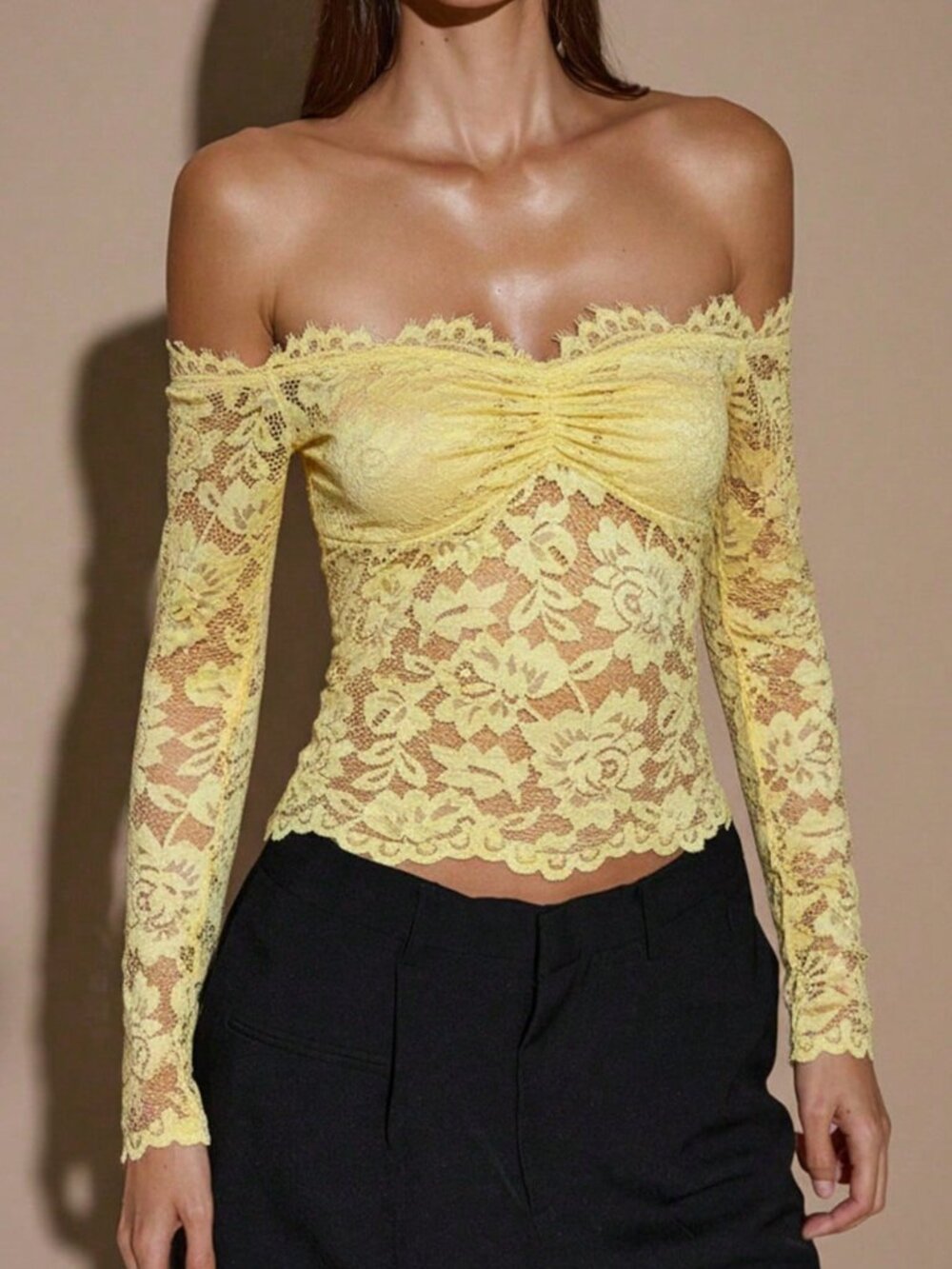 Yellow Elegant Women's Lace Off-Shoulder Long Sleeve Top - Picture 3 of 5